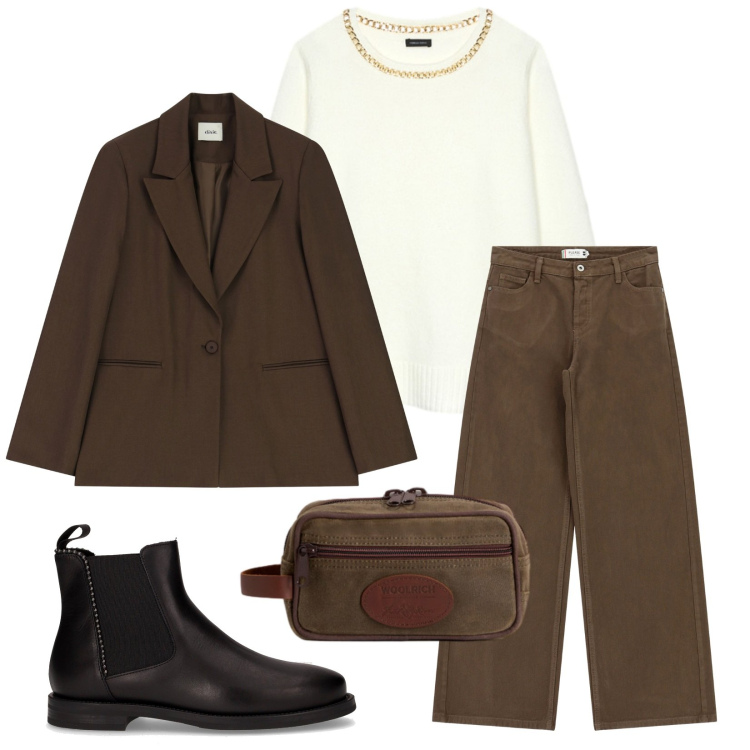 Outfit donna - Essenziale. Stile Casual chic per Tutti i giorni. Abbinamento con pantaloni a palazzo, blazer, valigie, maglieria, stivaletti chelsea.