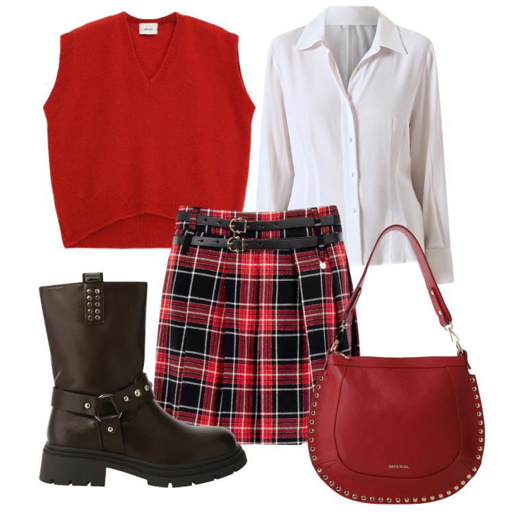 Outfit donna - La gonna scozzese. Stile Trendy per Scuola/Università. Abbinamento con minigonne, camicie, borse a spalla, stivali, maglieria.