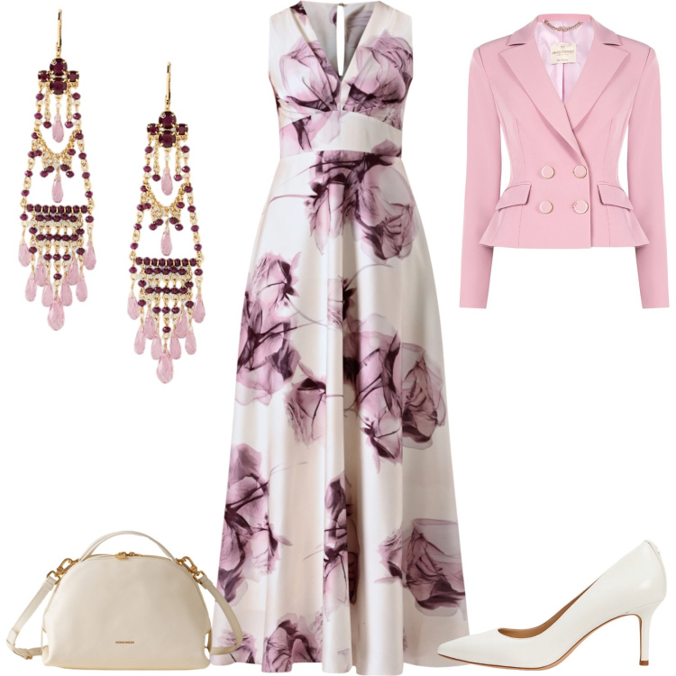 Outfit donna - Romantica. Stile Bon Ton per Cerimonia. Abbinamento con vestiti lunghi, blazer, borse a mano, décolleté, orecchini.