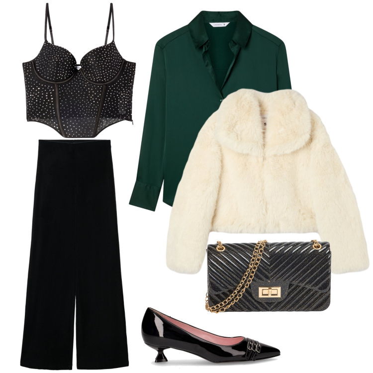 Outfit donna - L’aperitivo del venerdì!. Stile Glamour per Serata fuori. Abbinamento con camicie, top, pantaloni, ecopellicce, borse a tracolla, décolleté.