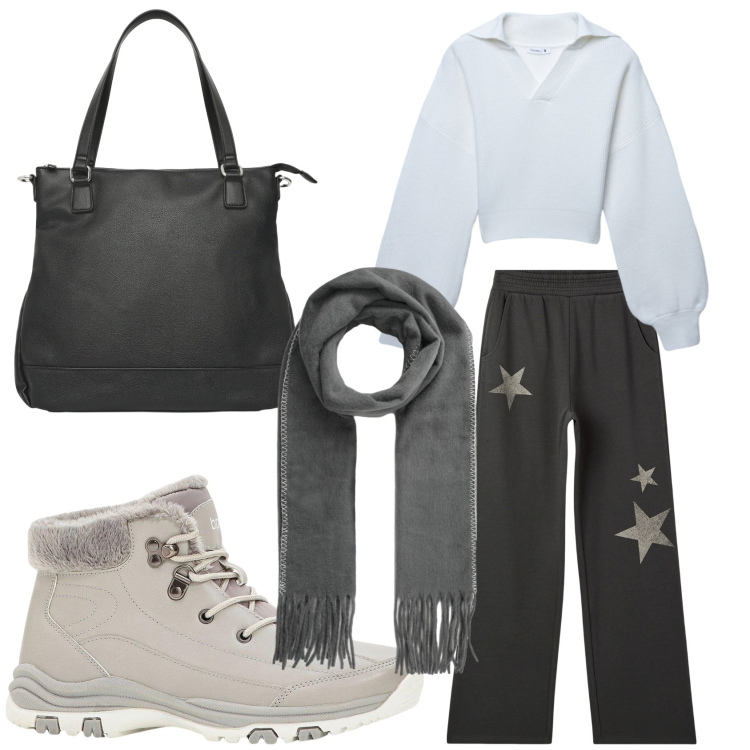 Outfit donna - I pantaloni della tuta chic. Stile Basic per Tutti i giorni. Abbinamento con stivaletti, shopping bag, sciarpe, maglieria, pantaloni.