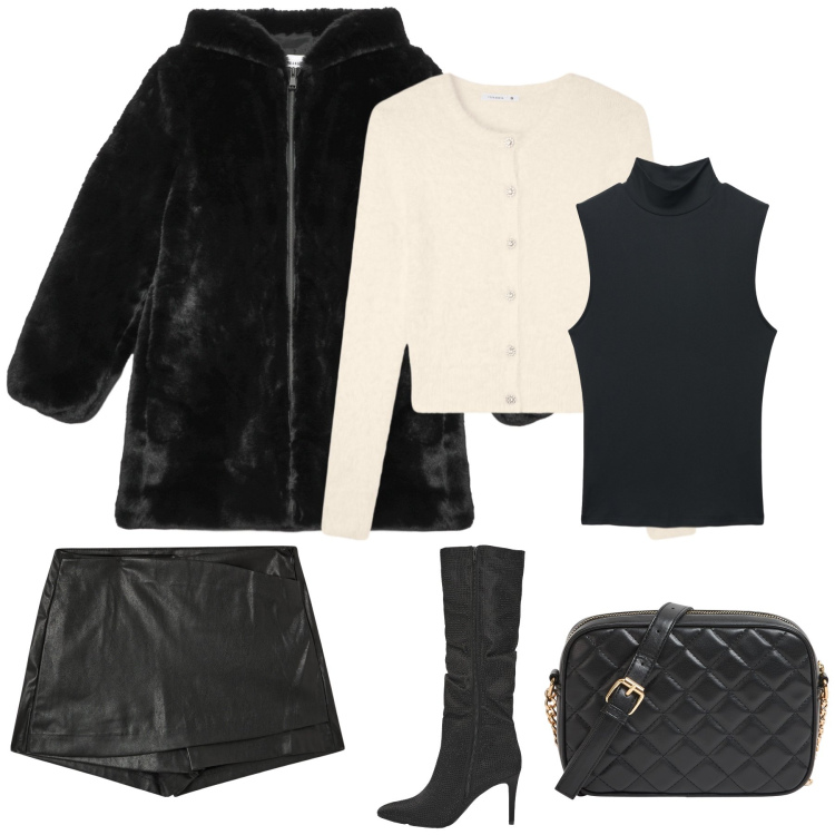 Outfit donna - Almost all black. Stile Rock per Serata fuori. Abbinamento con minigonne, borse a tracolla, cappotti, cardigans, stivali, top.