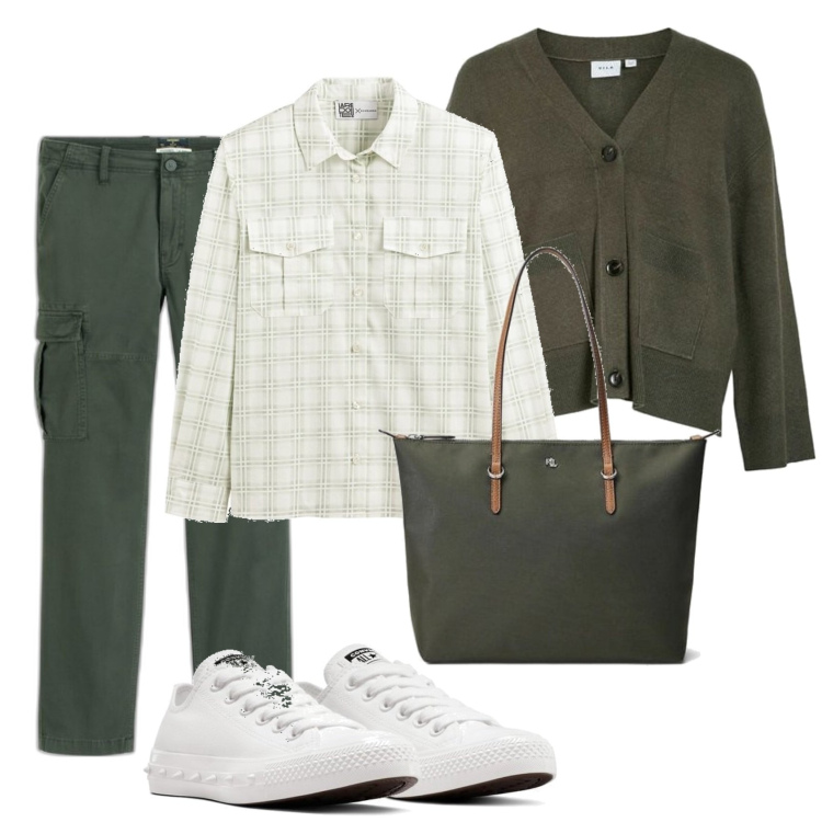 Outfit mujer - Casual look. Estilo Casual para Todos los días. Combinación con sneakers, pantalones cargo, cárdigans, camisas, bolso tote.