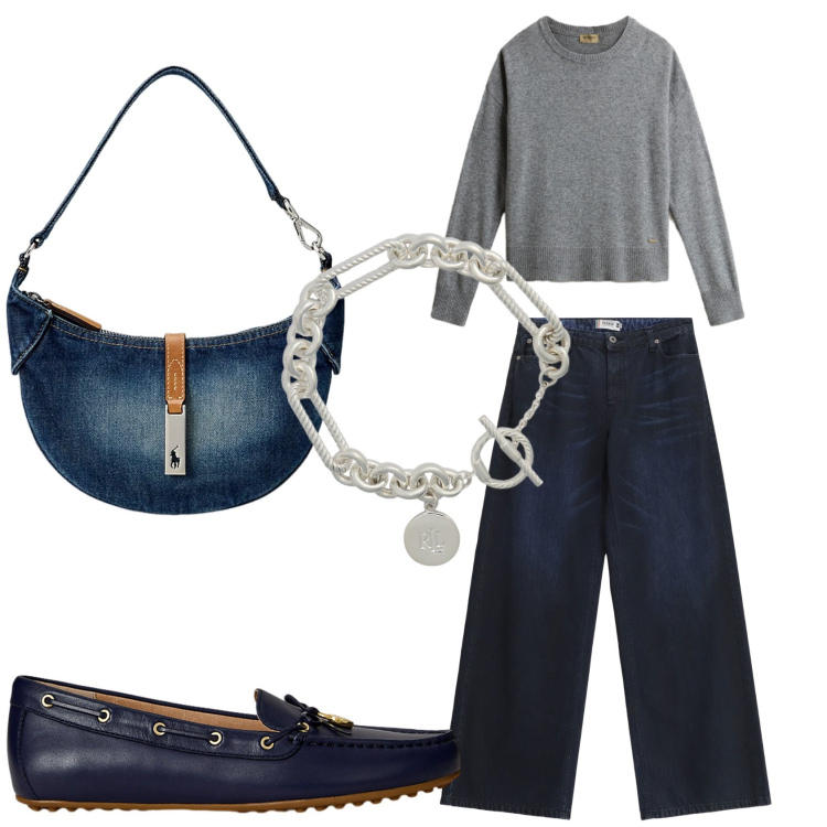 Outfit donna - Jeans cargo. Stile Casual per Ufficio. Abbinamento con jeans, braccialetti, borse a spalla, mocassini, maglieria.