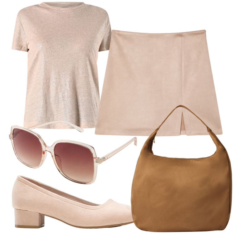Outfit donna - Neutral look. Stile Basic per Ufficio. Abbinamento con décolleté, occhiali da sole, t-shirt, borse a mano, minigonne.