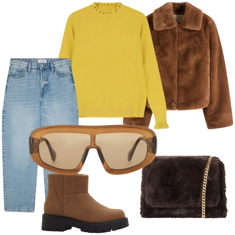 Outfit donna - Le prime cose pelose. Stile Casual chic per Tutti i giorni. Abbinamento con ecopellicce, stivaletti, jeans, borse a tracolla, occhiali da sole, maglieria.