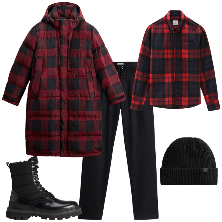 Outfit uomo - Urban con il piumino tartan. Stile Urban per Tutti i giorni. Abbinamento con parka, berretti, camicie, pantaloni, anfibi.