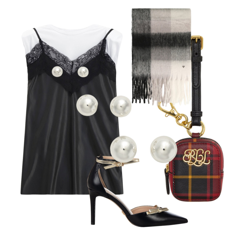 Outfit donna - Perle e scozzese per la serata. Stile Glamour per Serata fuori. Abbinamento con décolleté, vestiti corti, sciarpe, orecchini, pochette.