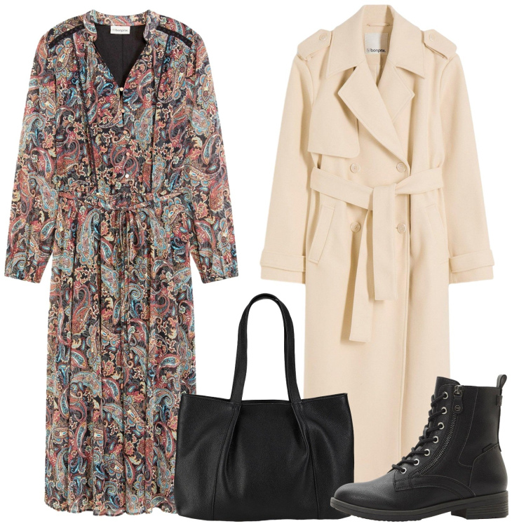 Outfit donna - Anfibi e vestito. Stile Casual per Scuola/Università. Abbinamento con shopping bag, vestiti, trench, stivaletti.