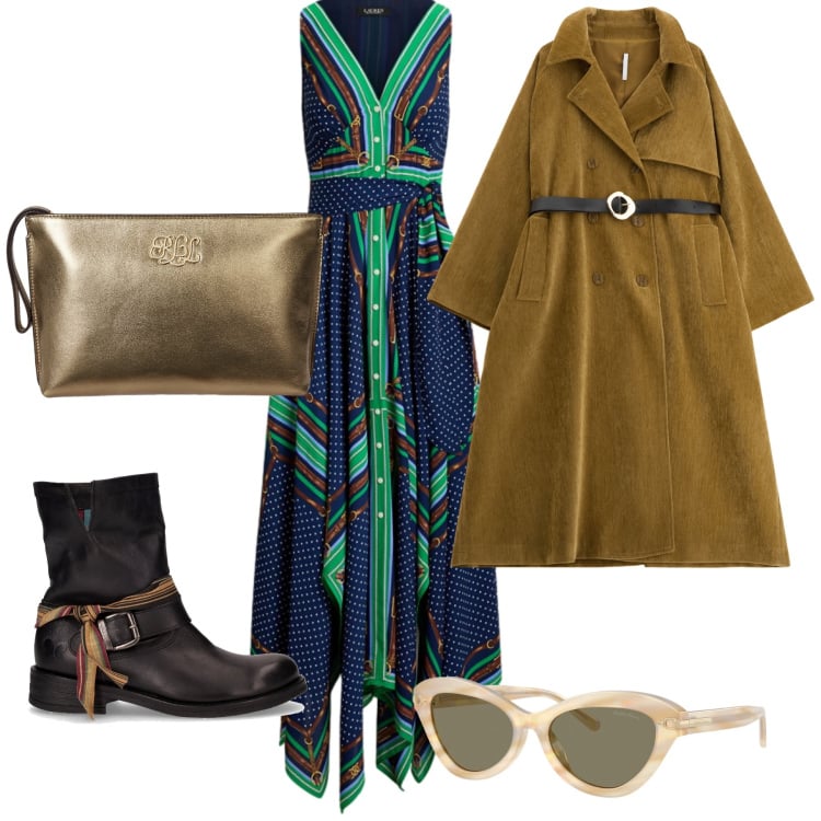 Outfit donna - Serata con abito foulard. Stile Trendy per Serata fuori. Abbinamento con trench, vestiti senza maniche, pochette, occhiali da sole, stivaletti.