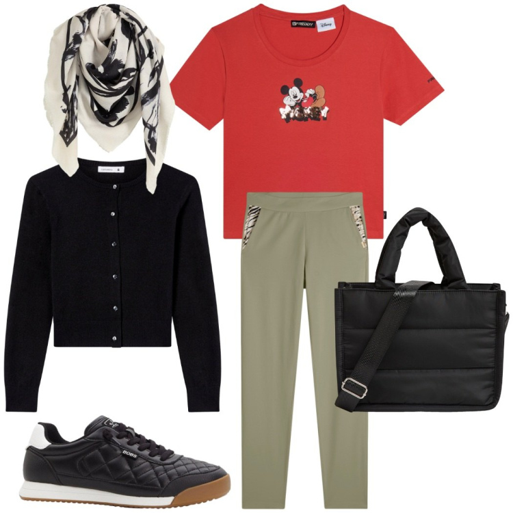 Outfit donna - A lezione. Stile Casual per Scuola/Università. Abbinamento con foulard, sneakers, shopping bag, cardigans, t-shirt, pantaloni.