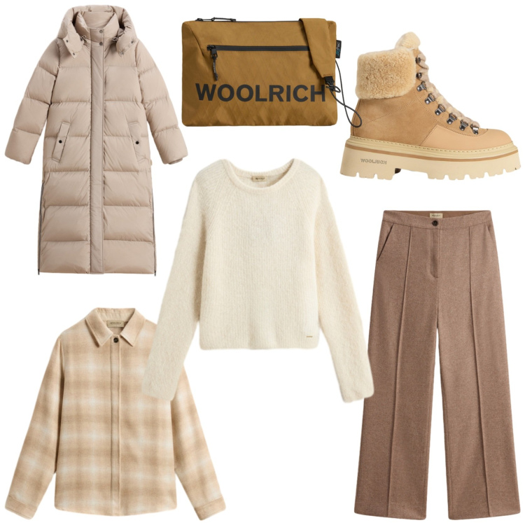 Outfit donna - Gita in montagna. Stile Sporty chic per Tutti i giorni. Abbinamento con maglieria, parka, pantaloni, borse a tracolla, camicie, stivaletti.