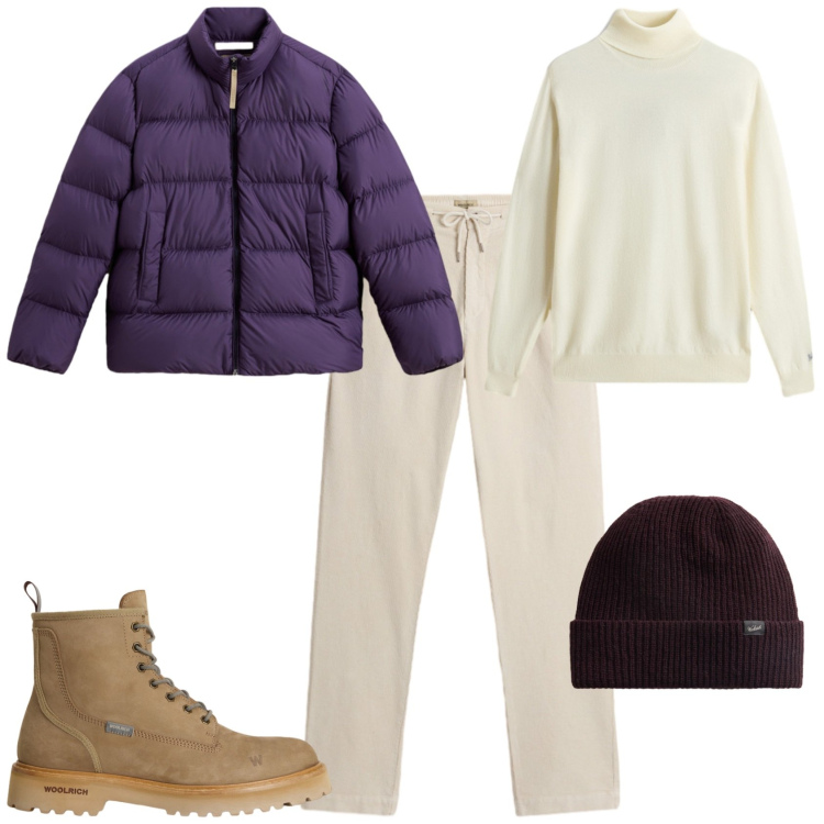 Outfit uomo - Week end in montagna. Stile Trendy per Tutti i giorni. Abbinamento con pantaloni, maglieria, anfibi, piumini, berretti.