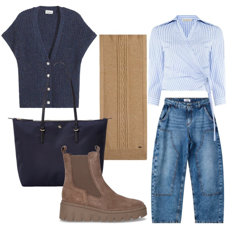 Outfit donna - Stile personale. Stile Casual per Ufficio. Abbinamento con maglieria, jeans dritti, camicie, sciarpe, borse tote, stivaletti chelsea.
