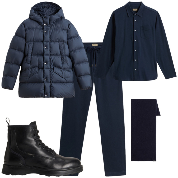 Outfit uomo - Week end in montagna. Stile Trendy per Tutti i giorni. Abbinamento con anfibi, pantaloni, parka, sciarpe, camicie.