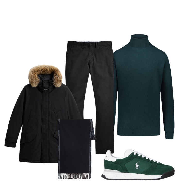 Outfit uomo - In città. Stile Casual per Tutti i giorni. Abbinamento con pantaloni, sneakers, parka, sciarpe, maglieria.