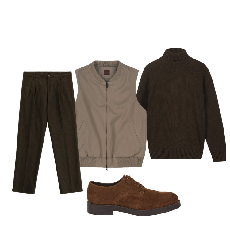 Outfit uomo - In ufficio. Stile Trendy per Ufficio. Abbinamento con pantaloni, scarpe stringate, piumini, pullovers.