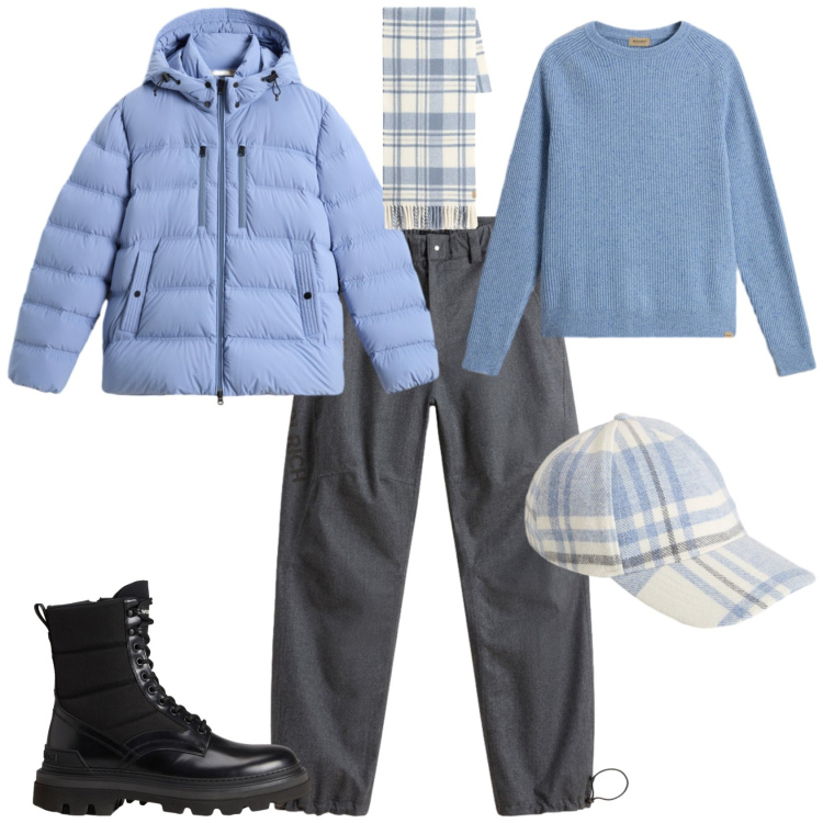 Outfit uomo - Total look #2285894. Stile Trendy per Tutti i giorni. Abbinamento con pantaloni, maglieria, piumini, cappelli con visiera, sciarpe, anfibi.