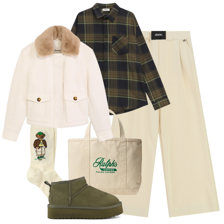 Outfit donna - Look caldo e pratico. Stile Urban per Tutti i giorni. Abbinamento con piumini, camicie, pantaloni a palazzo, calzini, borse tote, stivaletti.