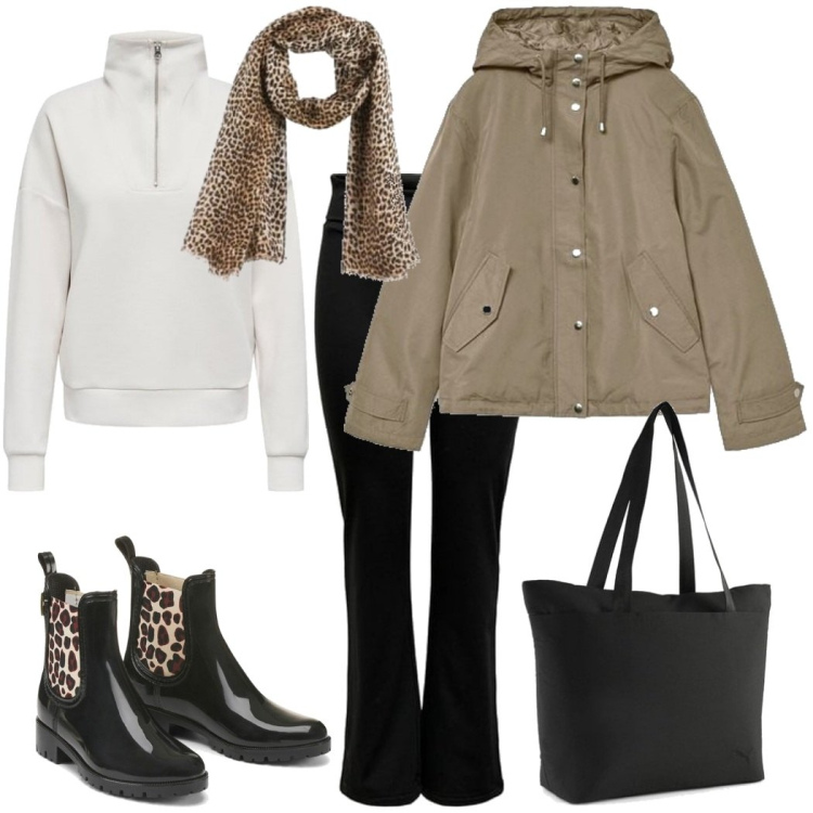 Outfit mujer - Rainy & Chic. Estilo Casual para Todos los días. Combinación con parka, pantalones, sudaderas, botines, bolso tote, bufandas.