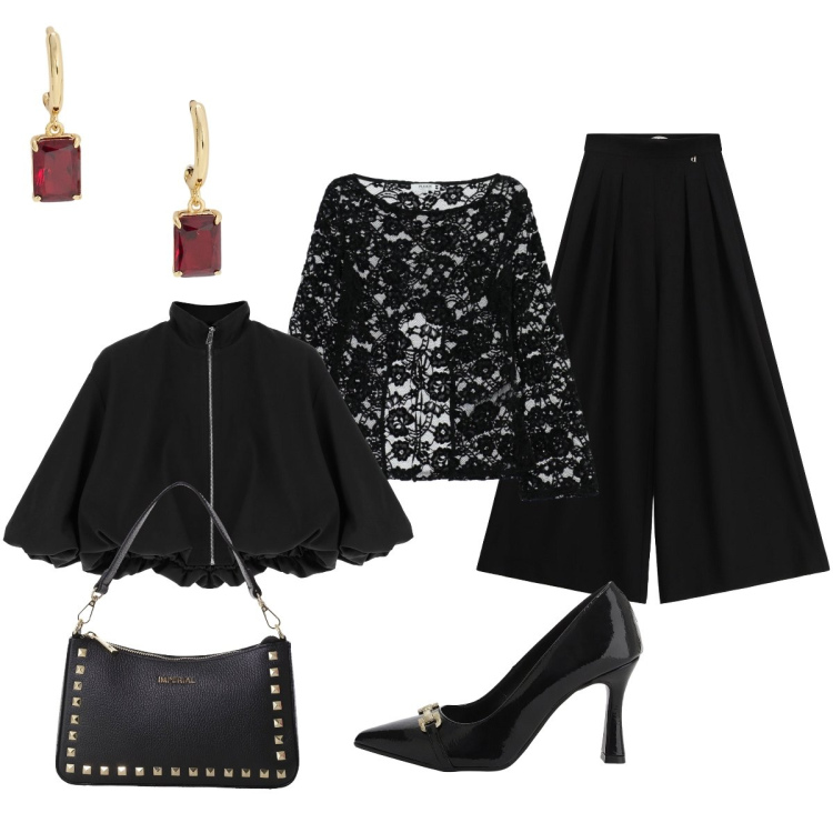Outfit donna - Glam per questa sera. Stile Glamour per Serata fuori. Abbinamento con top, bomber, pochette, décolleté, pantaloni a palazzo, orecchini.