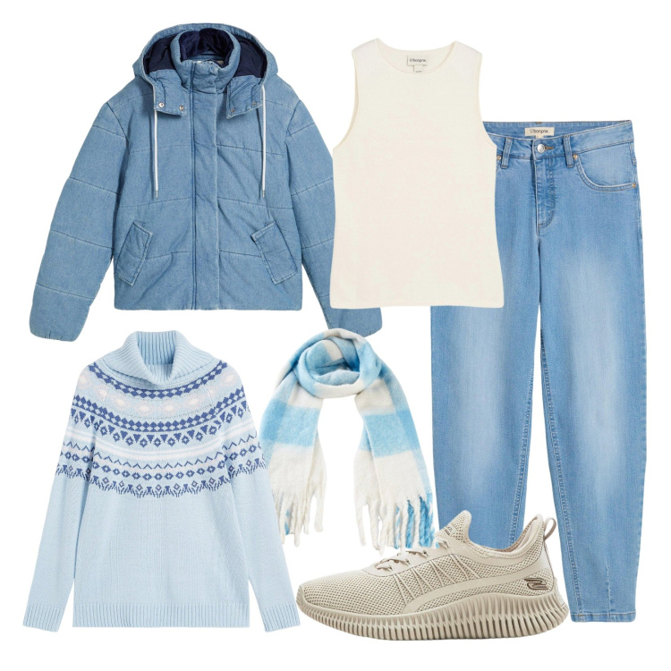 Outfit donna - Serata rilassante con Bonprix. Stile Casual per Serata fuori. Abbinamento con jeans, giacche, foulard, maglieria, sneakers, top.