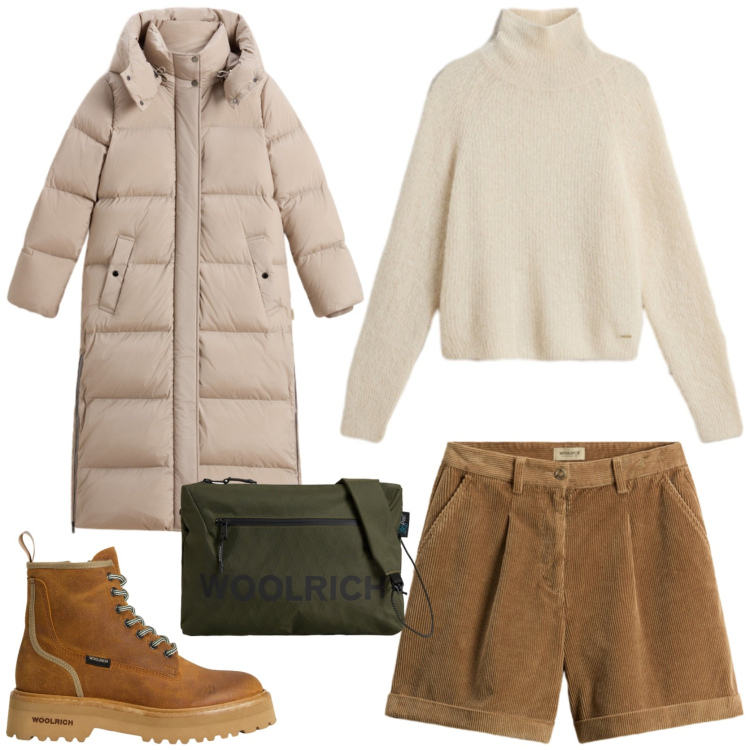 Outfit donna - College style. Stile Casual per Tutti i giorni. Abbinamento con maglieria, anfibi, borse a tracolla, parka, pantaloni corti.