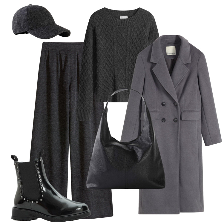 Outfit donna - Ardesia e antracite mélange. Stile Sporty chic per Tutti i giorni. Abbinamento con pantaloni, cappelli con visiera, shopping bag, stivaletti chelsea, cappotti, maglieria.