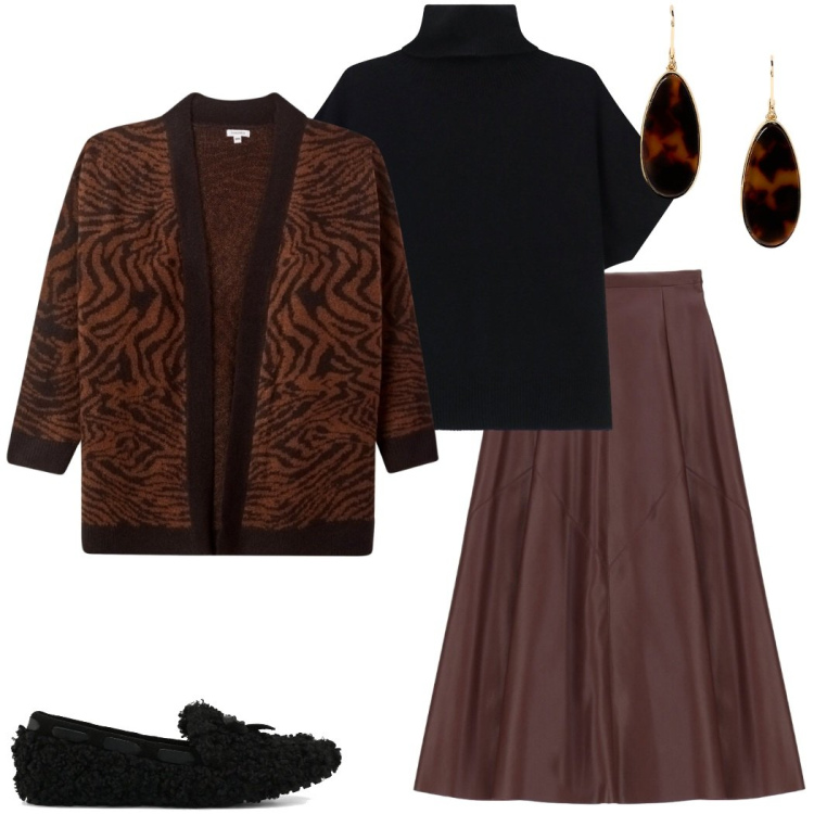 Outfit donna - Comfy autunnale. Stile Casual chic per Tutti i giorni. Abbinamento con cardigans, maglieria, gonne lunghe, orecchini, mocassini.
