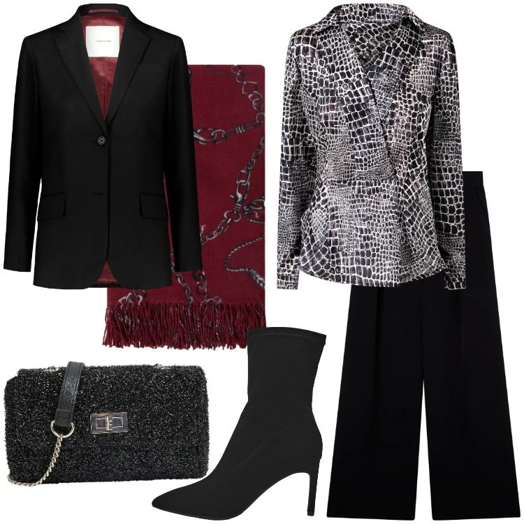Outfit donna - I pantaloni a gamba larga. Stile Chic per Serata fuori. Abbinamento con bluse, stivali, pantaloni, borse a tracolla, sciarpe, blazer.