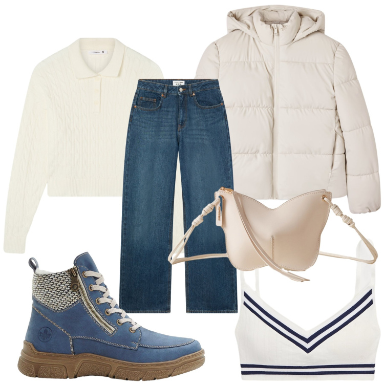 Outfit donna - Total look #2285910. Stile Urban per Scuola/Università. Abbinamento con stivaletti, jeans, polo, bomber, borse a tracolla, reggiseni.