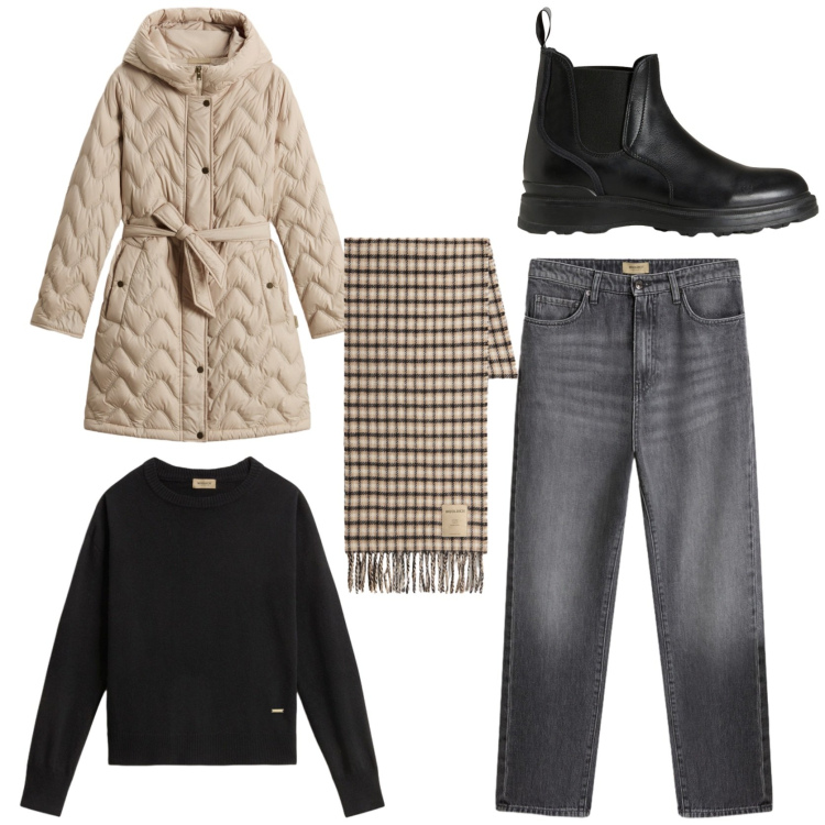 Outfit donna - Elegante. Stile Casual chic per Tutti i giorni. Abbinamento con parka, stivaletti, jeans, sciarpe, maglieria.