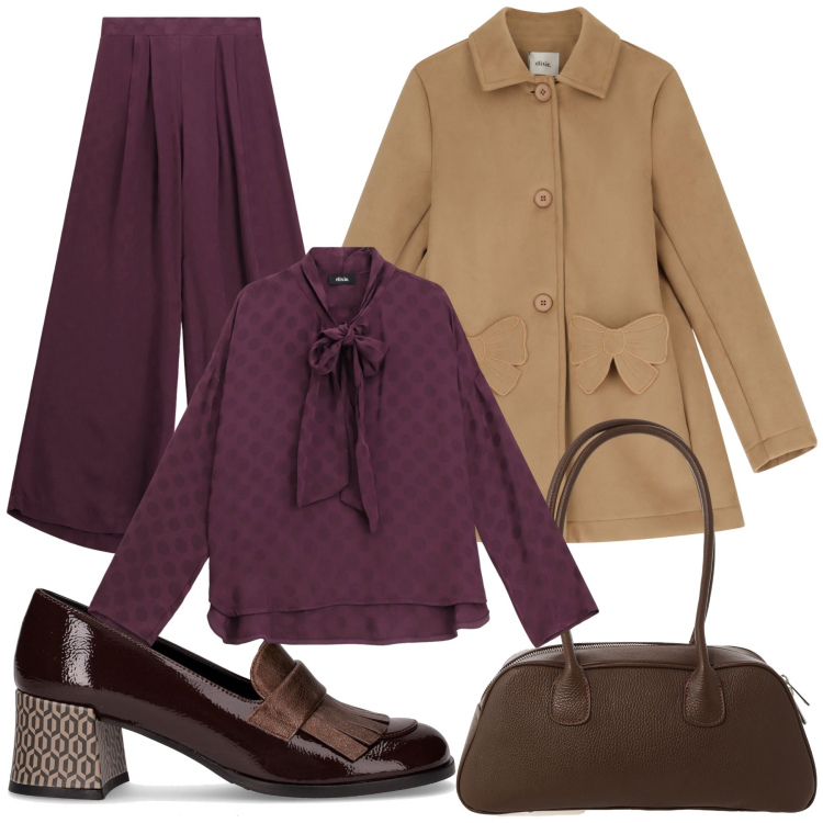 Outfit donna - Total look #2285913. Stile Chic per Ufficio. Abbinamento con cappotti, pantaloni a palazzo, borse a mano, bluse, mocassini.