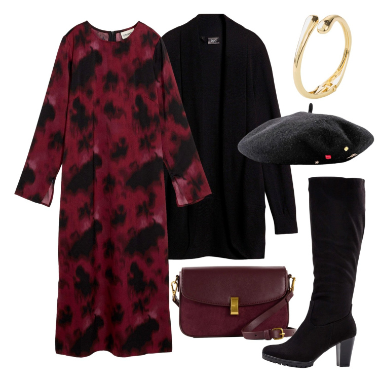 Outfit donna - Bonprix day to night!. Stile Chic per Serata fuori. Abbinamento con stivali, cardigans, braccialetti, cappelli e berretti, vestiti midi/longuette, borse a mano.