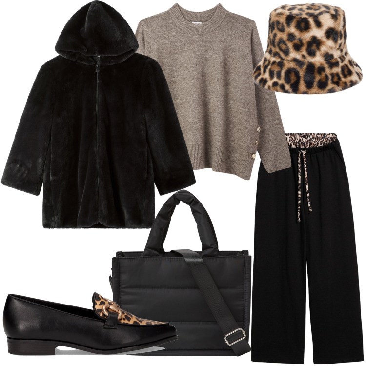 Outfit donna - Cozy & Chic. Stile Casual chic per Tutti i giorni. Abbinamento con pantaloni, shopping bag, ecopellicce, maglieria, cappelli, mocassini.