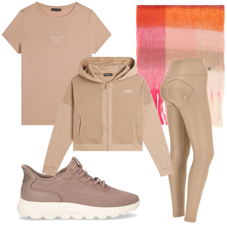 Outfit donna - Total look #2285917. Stile Trendy per Tutti i giorni. Abbinamento con pantaloni skinny, felpe con cappuccio, t-shirt, sciarpe, sneakers.