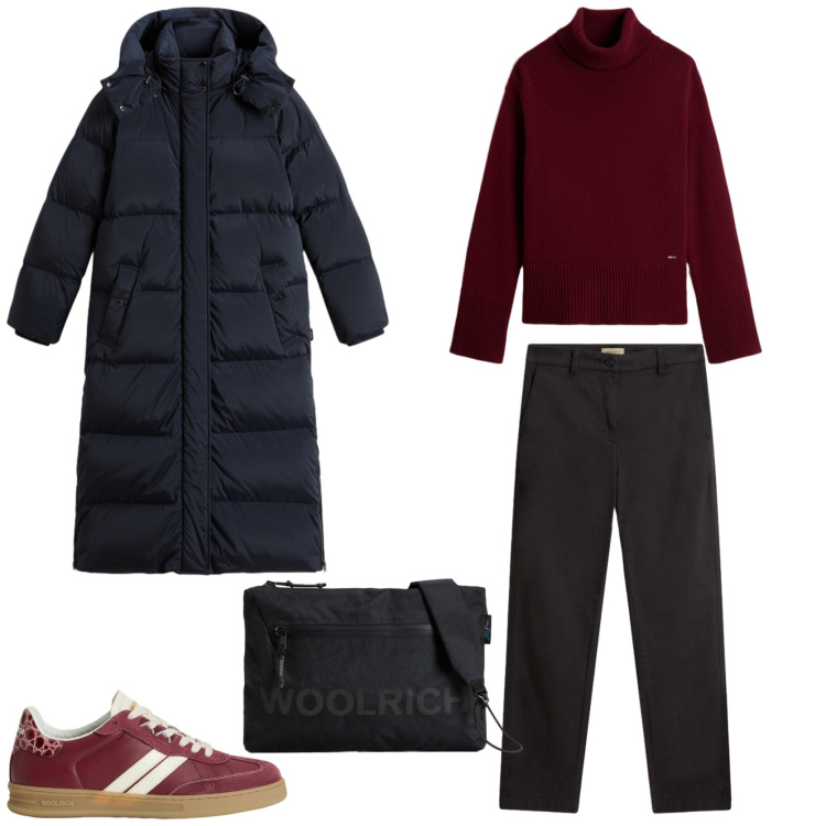 Outfit donna - Casual. Stile Casual per Tutti i giorni. Abbinamento con maglieria, pantaloni, sneakers, borse a tracolla, parka.