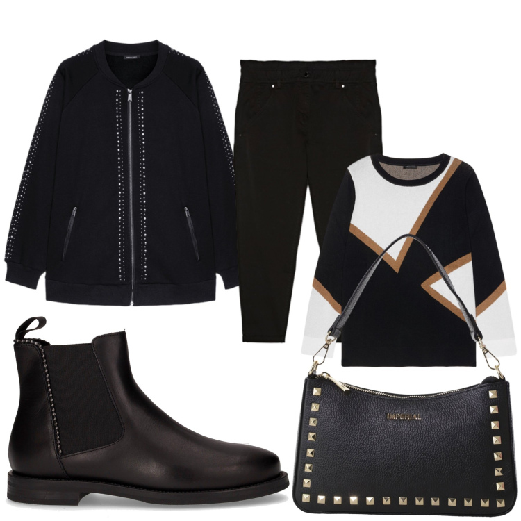 Outfit donna - Total look #2285923. Stile Glamour per Serata fuori. Abbinamento con pochette, maglieria, felpe, pantaloni, stivaletti chelsea.