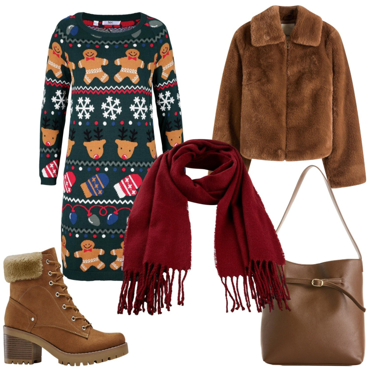 Outfit donna - Aspettando Natale. Stile Casual per Tutti i giorni. Abbinamento con ecopellicce, sciarpe, stivaletti, borse a mano, vestiti.