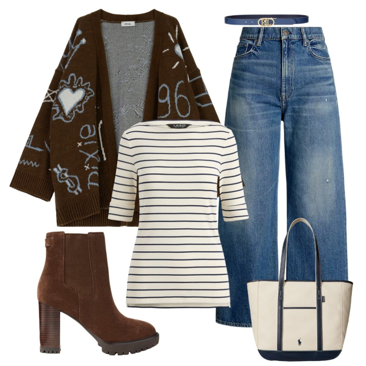 Outfit donna - Lo stivaletto scamosciato. Stile Casual chic per Tutti i giorni. Abbinamento con cardigans, cinture, jeans, borse tote, t-shirt, stivaletti chelsea.