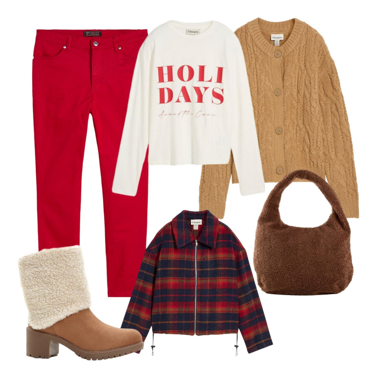 Outfit donna - Attendendo il Natale!. Stile Casual per Tutti i giorni. Abbinamento con pantaloni, shopping bag, stivaletti, cardigans, blazer, maglieria.
