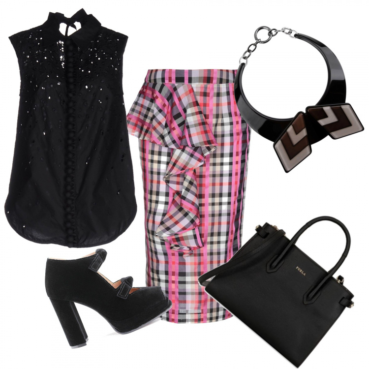 Outfit donna - Sexy #160. Stile Sexy per Ufficio. Abbinamento con top con fiocco e pizzo contrasto senza maniche in cotone tinta unita, gonna longuette senza tasche fantasia con ruches e zip interno foderato, collana in ottone con gancetto, tronchetti con plateau e tacco alto con zip open toe in velluto nero, shopping bag con zip in pelle con tasca interna.