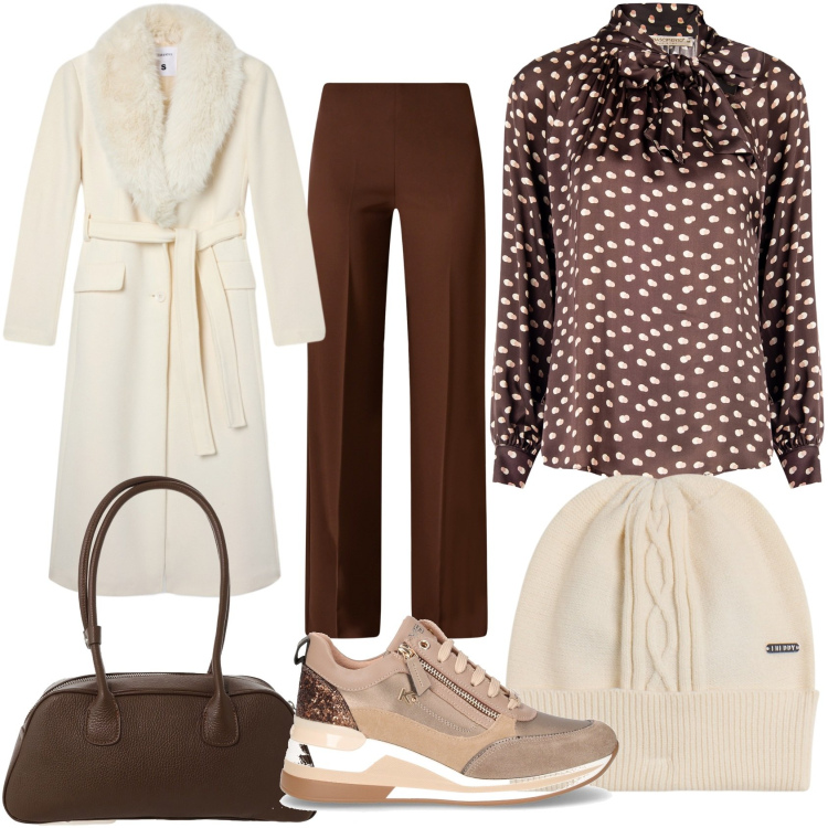 Outfit donna - Total look #2285930. Stile Chic per Serata fuori. Abbinamento con cappotti, pantaloni a palazzo, bluse, berretti, borse a mano, sneakers alte.