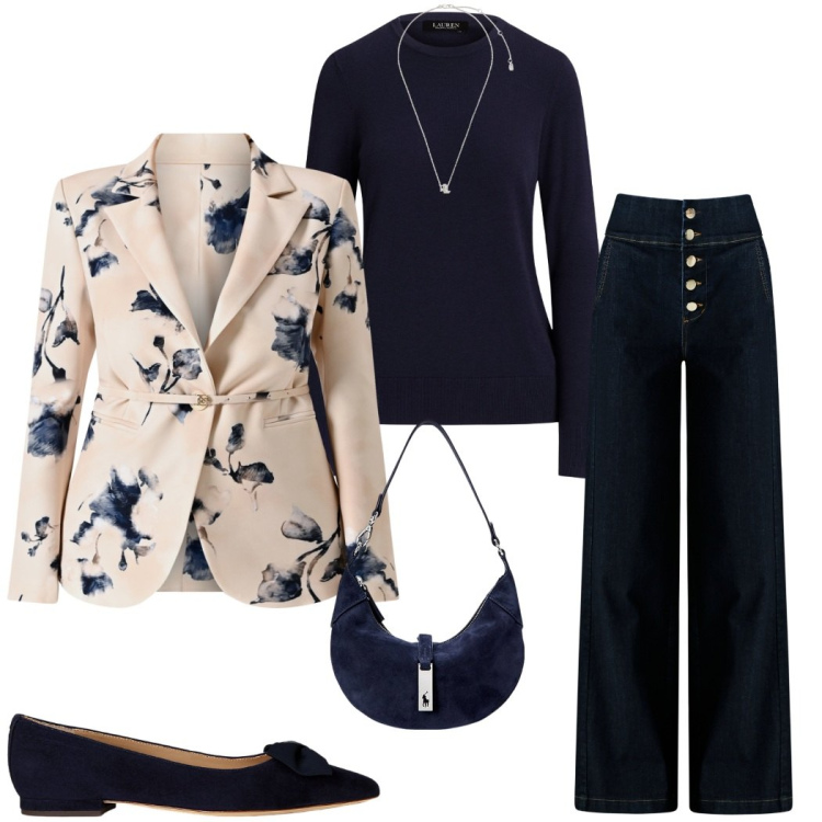 Outfit donna - Comfy autunnale. Stile Casual chic per Serata fuori. Abbinamento con jeans, blazer, borse a spalla, ciondoli, maglieria, ballerine.