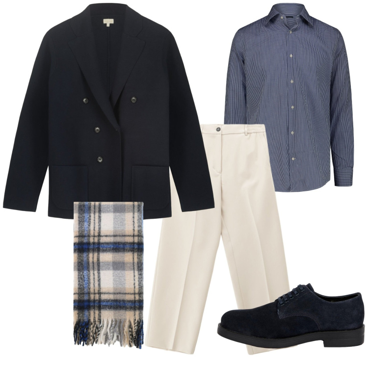 Outfit uomo - Weekend in doppiopetto. Stile Trendy per Tutti i giorni. Abbinamento con pantaloni, sciarpe, scarpe stringate, camicie, giacche.