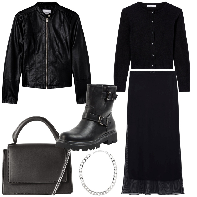 Outfit donna - Sofisticato Total black. Stile Chic per Tutti i giorni. Abbinamento con gonne lunghe, stivaletti, cardigans, borse a tracolla, collane, giacche.