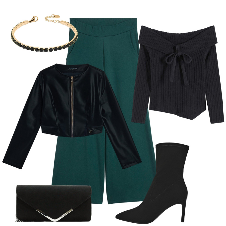 Outfit donna - Chic in culotte. Stile Glamour per Serata fuori. Abbinamento con pantaloni culotte, maglieria, pochette, stivali, blazer, braccialetti.