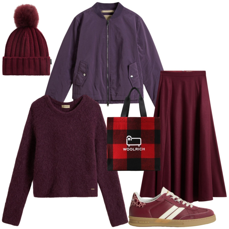 Outfit donna - Universitaria in trasferta. Stile Urban per Scuola/Università. Abbinamento con maglieria, sneakers, gonne lunghe, borse tote, berretti, bomber.