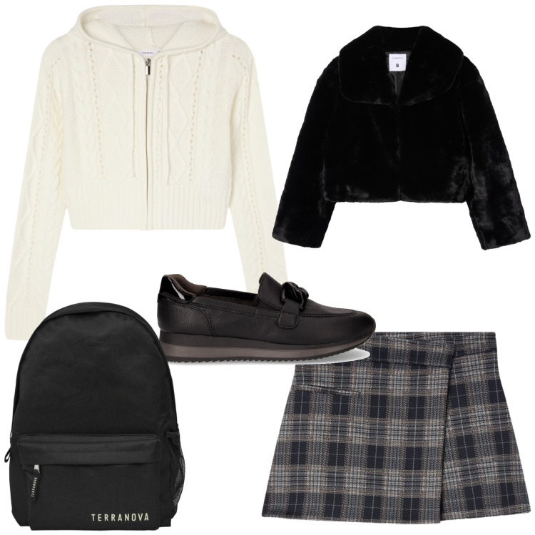 Outfit donna - College style. Stile Preppy per Scuola/Università. Abbinamento con cardigans, minigonne, zaini, ecopellicce, mocassini.