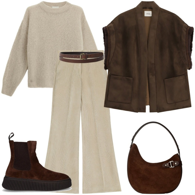 Outfit donna - Comfy autunnale. Stile Casual chic per Tutti i giorni. Abbinamento con gilet, pantaloni a palazzo, cinture, maglieria, borse a spalla, stivaletti chelsea.